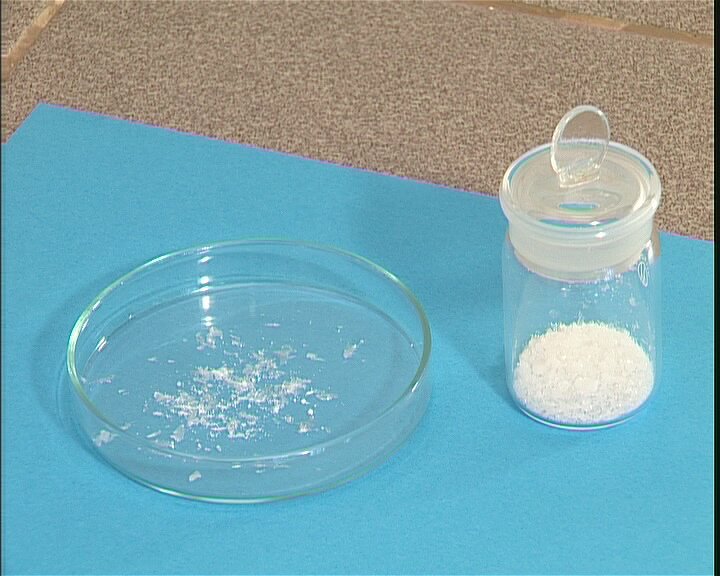 Ilustracja przedstawia kamforę w naczyńku wagowym oraz wysypaną na szalce Petriego. Na szalce widoczne są białe igiełki

