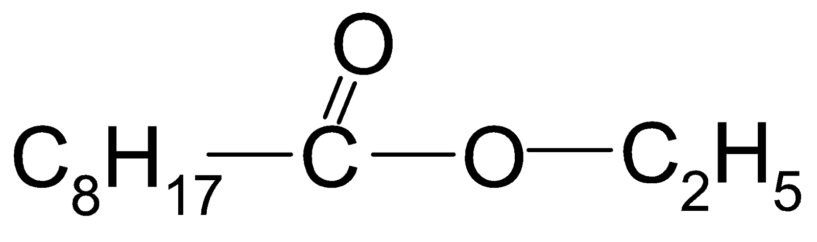 Na ilustracji jest wzór: atom węgla łączy się po lewej stronie z grupą                C                 8                       H                 17         , na górze wiązaniem podwójnym z atomem tlenu, po prawej stronie z kolejnym atomem tlenu. Ten z kolei po prawej stronie łączy się z grupą                C                 2                       H                          5                .