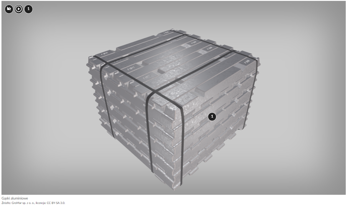 Na zdjęciu przedstawiono przykładowy widok modelu. W centralnej części ekranu znajduje się wygenerowany model. Widoczny model przedstawia srebrne sztaby ułożone na przemian do formy sześcianu. Na sztabach znajduje się cyfra przykładowo jeden wpisana w okrąg. Jest to punkt interaktywny.W górnej części zdjęcia widoczne są symbole kamery, trójkąta wpisanego w okrąg oraz punktów interaktywnych.Na dole poniżej zdjęcia znajduje się podpis wraz ze źródłem i licencją. Przykładowy podpis: gąski aluminiowe.