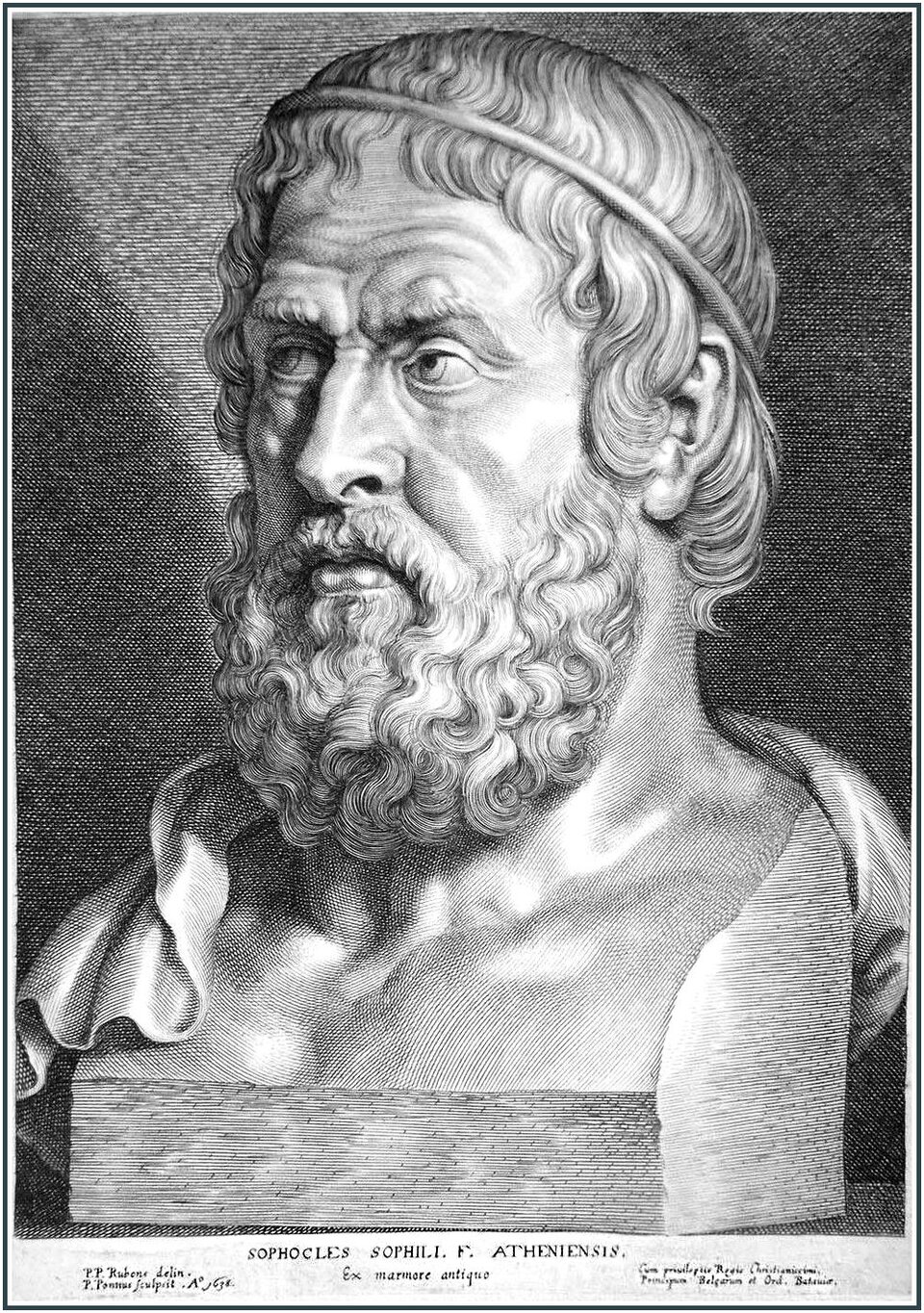 Rycina przedstawia popiersie starszego mężczyzny. Jego twarz jest owalna, pokryta zmarszczkami. Mężczyzna jest brodaty, ma wydatny nos, zmarszczone brwi. Jego półdługie włosy są przytrzymywane przez cienką opaskę. 