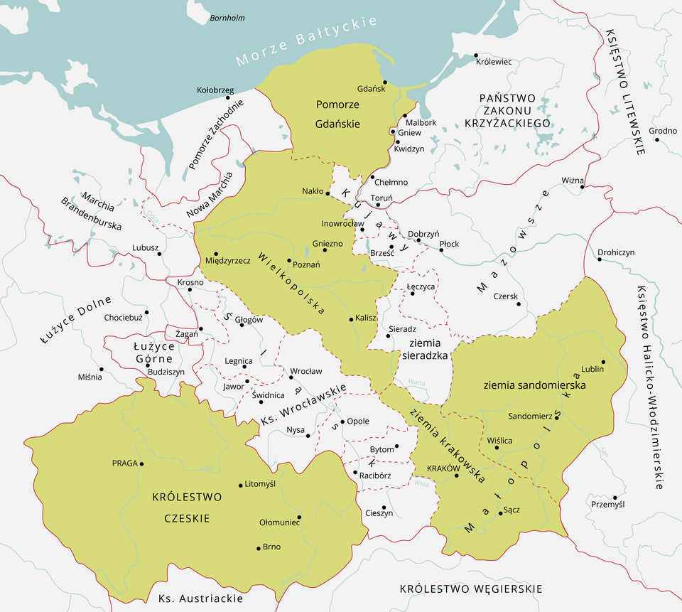  Na mapie oznaczono następujące rejony Pomorze Gdańskie, Wielkopolska, Małopolska, Królestwo Czeskie. 