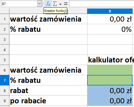 Ilustracja przedstawia fragment arkusza kalkulacyjnego w programie  LibreOffice Calc  – kolumny A i B oraz wiersze od 1 do 9. W wierszu 1, w dwóch komórkach znajduje się tekst: wartość zamówienia i kwota: 0,00 zł. W wierszu 2, w dwóch komórkach znajduje się tekst: % rabatu i kolejno wartości: 0%. W komórce B5 znajduje się tekst: kalkulator oferty, w komórce A6 tekst: wartość zamówienia, komórka B6 jest pusta, w komórce A7 tekst: % rabatu, komórka B7 jest pusta, w komórce A8 tekst: rabat, w komórce B8 kwota 0,00 zł, w komórce A9 tekst: po rabacie, a w komórce B9 kwota 0,00 zł.