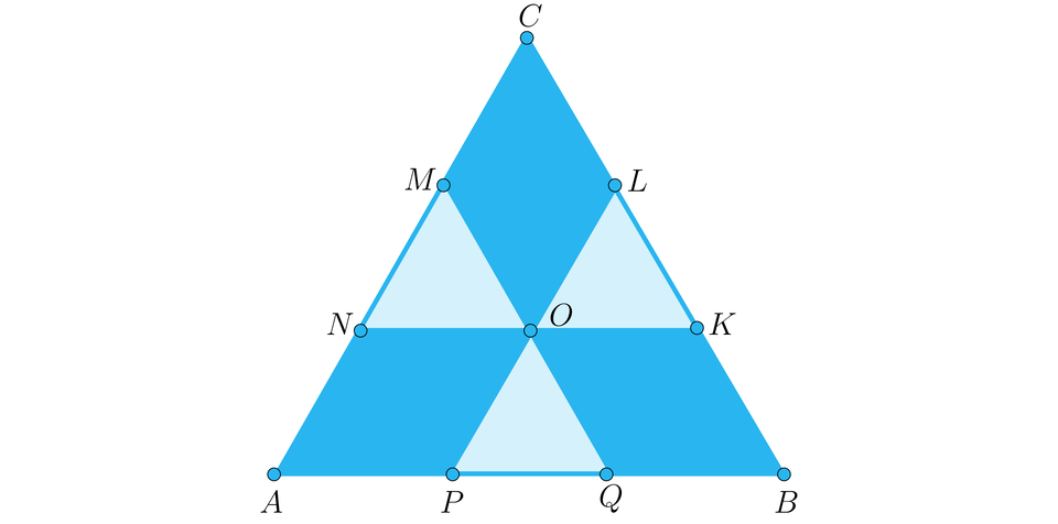 Ilustracja przedstawia trójkąt ABC. Środek okręgu oznaczono literą O. W środku trójkąta znajdują się trzy romby CLMNO, CNOP, BKOQ połączone w punkcie O. 