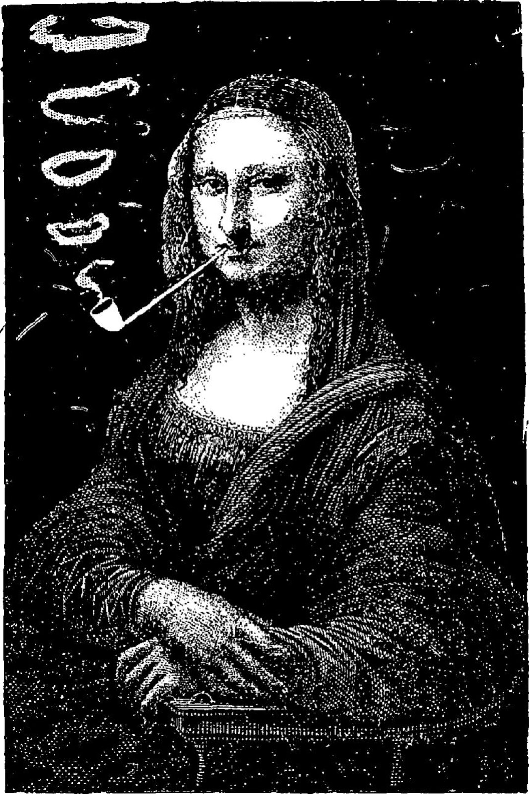 Ilustracja przedstawia karykaturę obrazu autorstwa Leonardo da Vinci [czytaj: leonardo da winczi] pod tytułem „Mona Lisa” [czytaj: mona liza]. Na ilustracji znajduje się „Mona Lisa”, kobieta na czarnym tle w ustach trzymająca fajkę, z której wydobywa się dym. Obrazek jest czarno biały. 