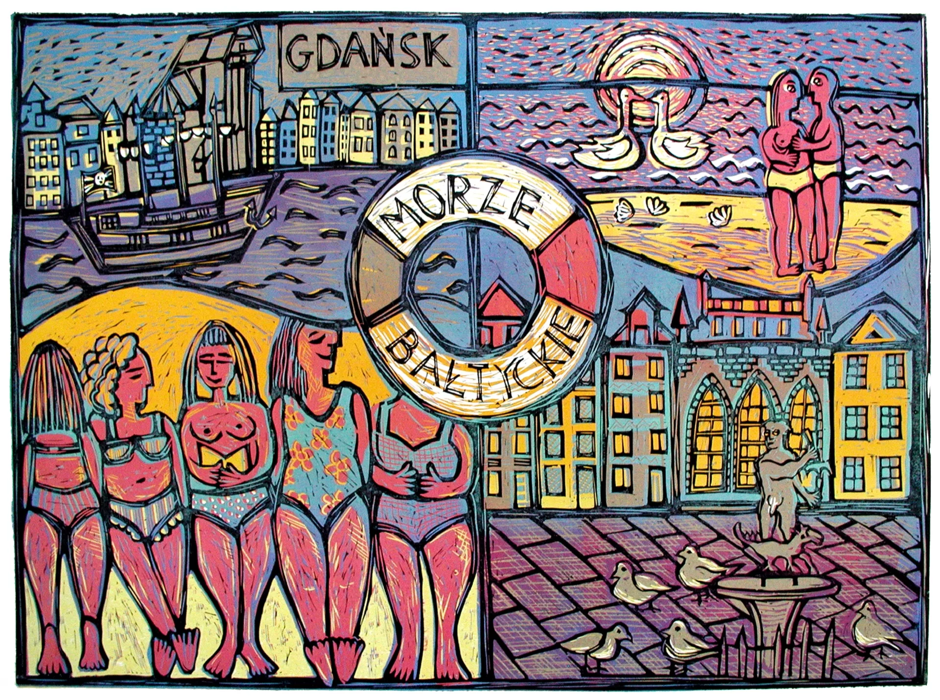 Ilustracja przedstawia linoryt Joanny Frydrychowicz‑Janiak „Gdańsk”. Praca podzielona jest na cztery części. Pierwsza od góry przedstawia widok na architekturę Gdańska nad Motławą. Druga ukazuje kobietę i mężczyznę, stojących na plaży. W tle pływają dwa ptaki na tle dużego słońca. Trzecia przedstawia pięć stojących kobiet w strojach kąpielowych. Na ostatniej ukazana jest starówka z pomnikiem Neptuna, wokół którego chodzą gołębie. W tle widoczna jest zabudowa architektoniczna.