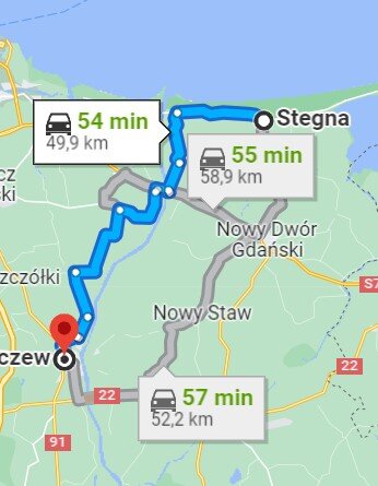 Wycinek obrazu aplikacji pokazującej trasę ze Stegny do Tczewa. Na ilustracji ukazane są różne warianty trasy wraz z prognozowanym czasem ich trwania.