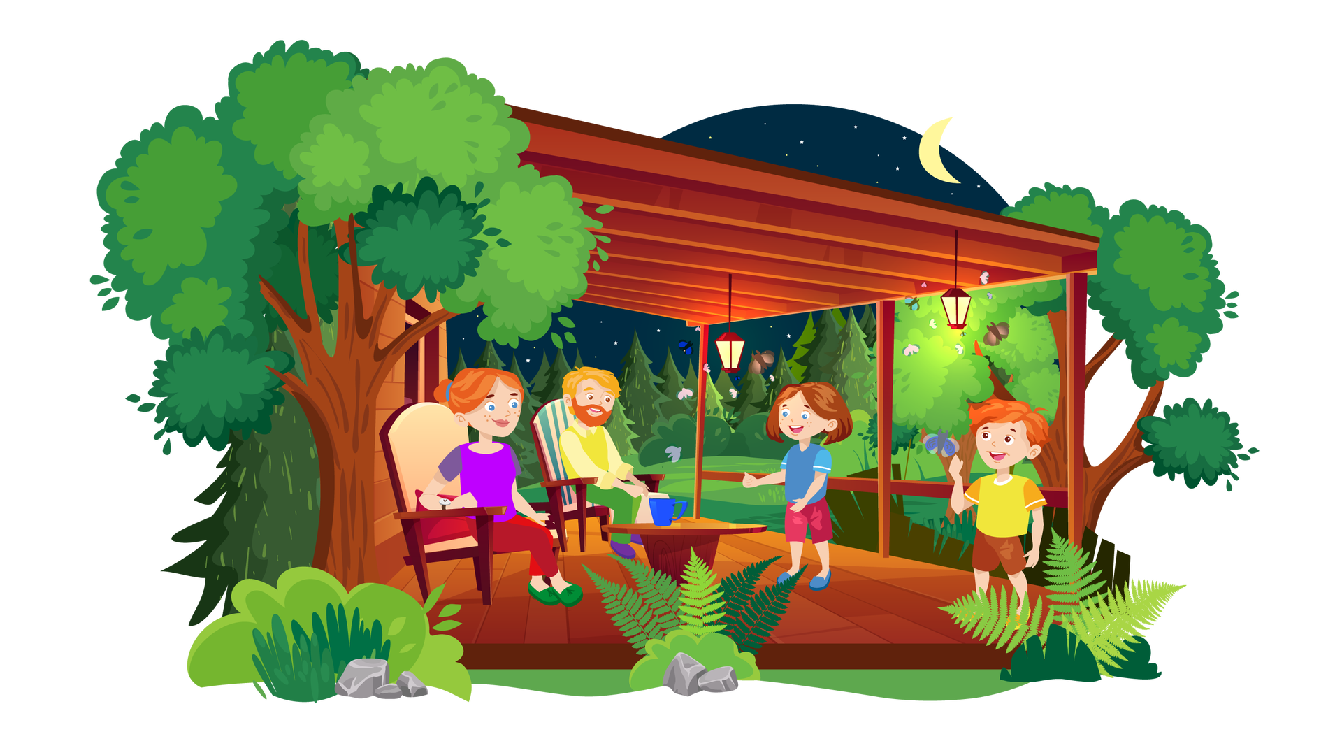 Ilustracja przedstawia rozległy teren porośnięty zielenią. W tle widać rozgwieżdżone nocne niebo z księżycem. Dookoła rosną liczne drzewa iglaste i liściaste, a na pierwszym planie dwie paprocie. Gdzieniegdzie leżą pojedyncze szare kamienie. Po lewej stronie ilustracji widać ścianę drewnianego domu z oknem, a na środku duży taras z zadaszeniem. Taras jest oświetlony dwiema wiszącymi lampami dającymi ciepłe światło. Dookoła lamp latają ćmy, których jest bardzo dużo. Na środku tarasu stoi okrągły brązowy stolik, na którym znajduje się granatowy kubek. Po lewej stronie stołu są dwa duże beżowe krzesła ogrodowe z ciemnobrązowymi nogami. Na jednym krześle siedzi mama Franka i Mai, a na drugim blondwłosy mężczyzna z rudą brodą i wąsami. Jest ubrany w cytrynową koszulę z kołnierzykiem i długimi rękawami, długie zielone spodnie i ciemnofioletowe buty. Po prawej stronie tarasu stoją szeroko uśmiechnięci Maja i Franek. Dziewczynka patrzy na mamę, a Franek na ćmy latające wokół lamp. Mężczyzna i mama uśmiechają się i patrzą na dzieci.