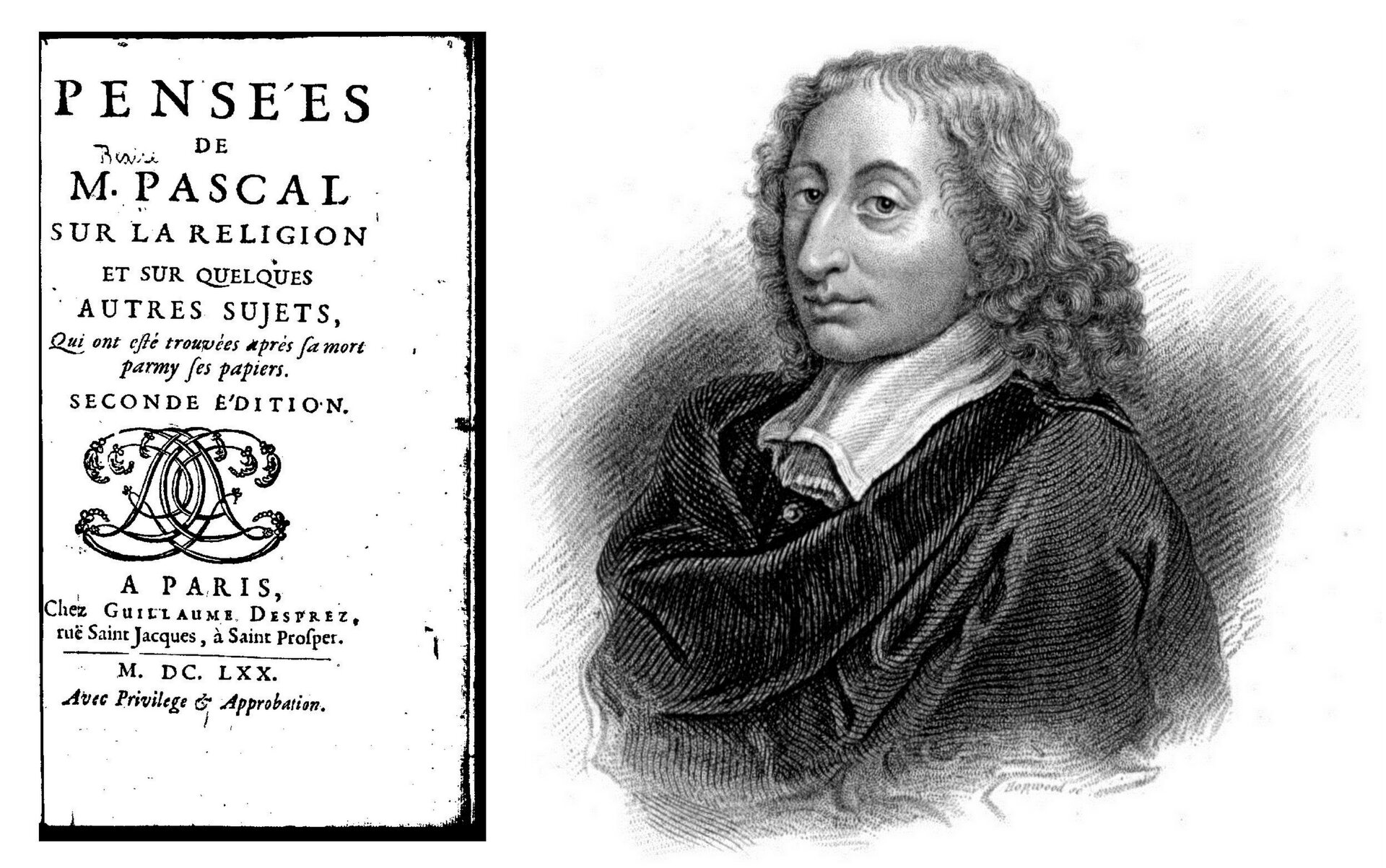 Ilustracja po lewej stronie przedstawia stronę tytułową książki w języku francuskim. Po prawej widoczny jest portret dojrzałego mężczyzny. Ma owalną twarz, półdługie, kręcone włosy oraz lekko garbaty nos. Ubrany jest w ciemną szatę z jasnym kołnierzem.