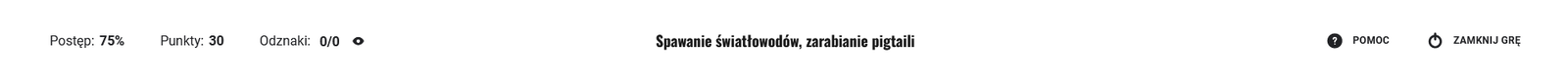 Widok opcji gry oraz jej tytułu. Od lewej znajdują się opcje: postęp, punkty, odznaki, pomoc oraz zakończ grę.