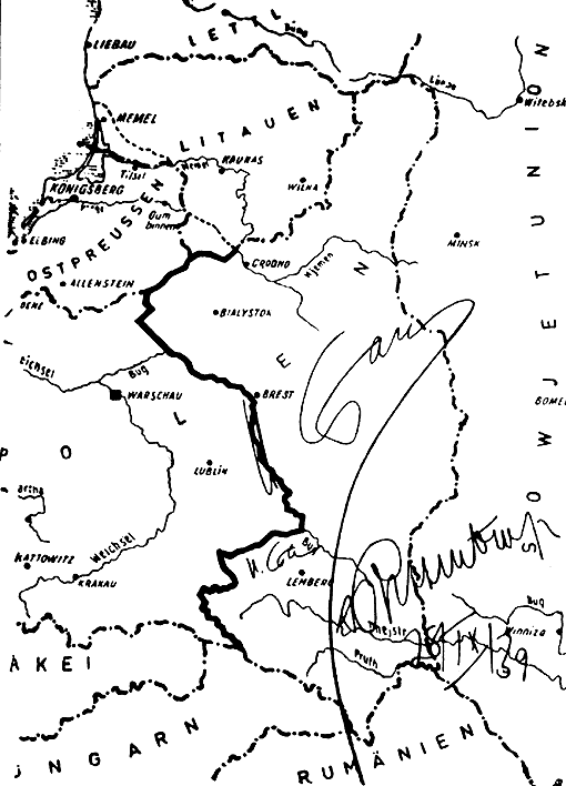 Ilustracja przedstawia szkicową czarno‑białą mapę, na której zaznaczone są granice państw. Polska podzielona została pomiędzy Niemcy i ZSRS. Granica przebiega od Morza Bałtyckiego, na południe w stronę Białegostoku (miasto po stronie sowieckiej), po prawej stronie od Warszawy (miasto po stronie Trzeciej Rzeszy), następnie prowadzi w dół, po prawej od Lublina (miasto na terenie Trzeciej Rzeszy) i dalej na południe. W dolnym, prawym rogu widnieją odręczne podpisy.