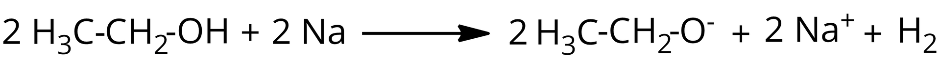 Ilustracja przedstawiająca równanie reakcji chemicznej pomiędzy alkoholem etylowym a sodem w zapisie jonowym. Dwie cząsteczki etanolu o strukturze zbudowanej z podstawnika etylowego CH3CH2  połączonego z grupą hydroksylową dodać dwa atomy sodu. Strzałka w prawo, za strzałką dwa aniony etanolanowe o strukturze zbudowanej z podstawnika etylowego CH3CH2 połączonego z atomem tlenu obdarzonym ładunkiem ujemnym dodać dwa kationy sodowe, dodać cząsteczka wodoru.