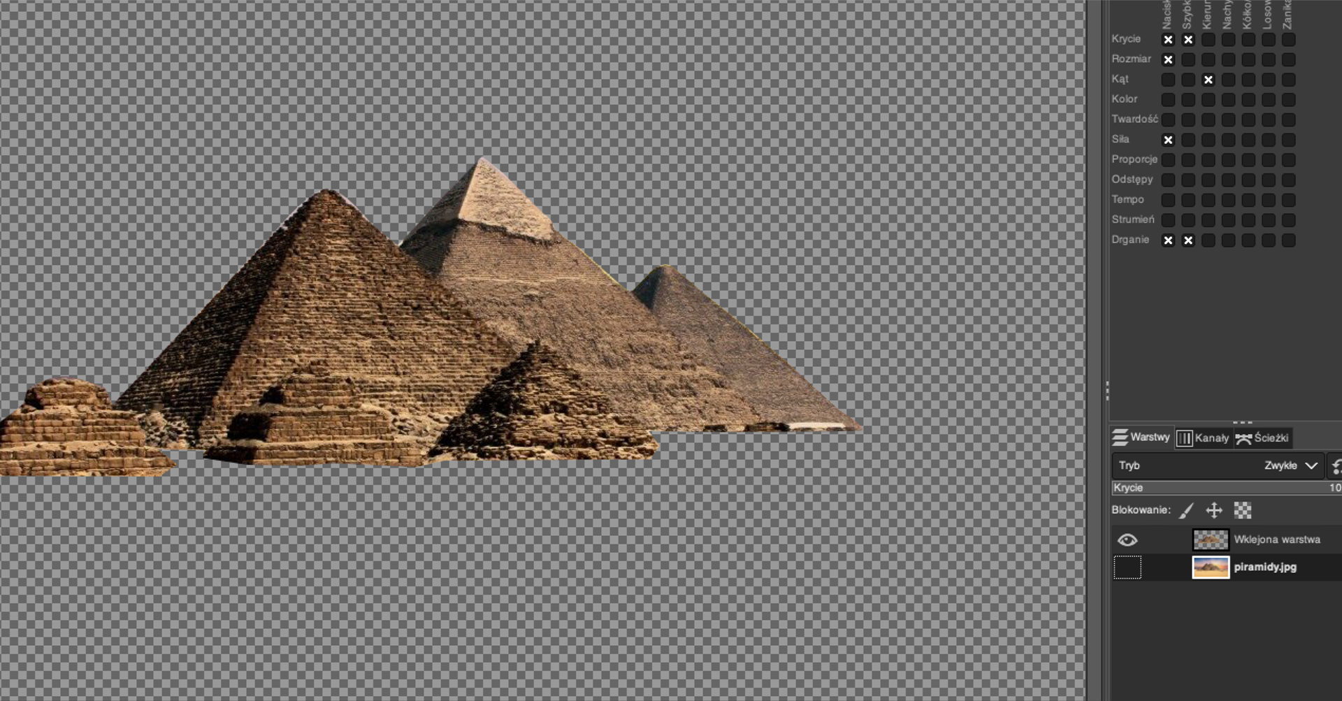 Ilustracja przedstawia okno w programie GIMP. Wewnątrz okna znajduje się fragment zdjęcia z piramidami – same budowle, zamiast nieba i tła widnieje drobna kratka w dwóch odcieniach szarości. Z prawej strony znajduje się pasek menu. Wybrana jest opcja warstwy i pozycja Krycie 100%. 