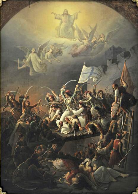Na obrazie walczący ze sobą żołnierze na szable i pistolety. Na nimi w chmurach są anioły oraz Jezus Chrystus.