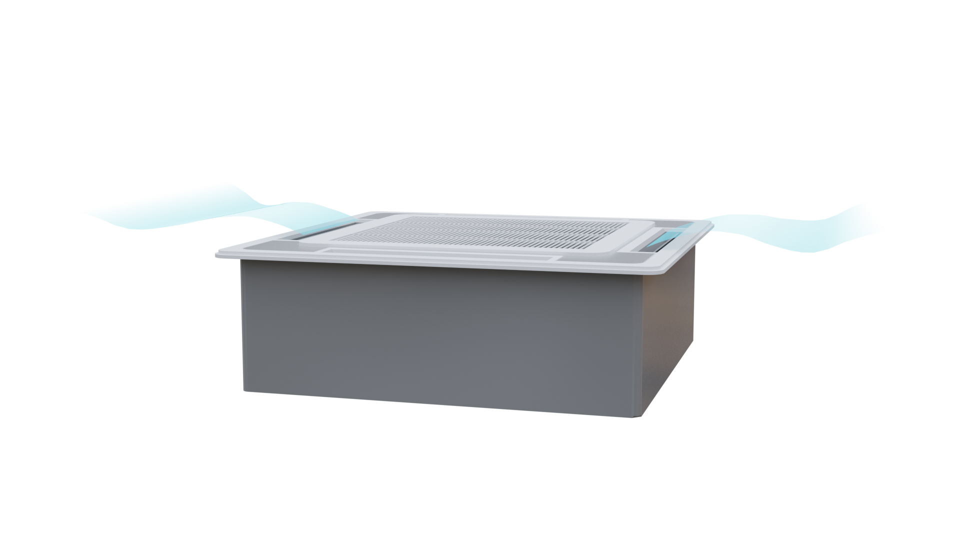 Grafika przedstawia klimatyzator kasetonowy. Jest to urządzenie montowane na suficie. Jego górna pokrywa posiada estetyczną kratkę wentylacyjną, z otworami po obu stronach, które umożliwiają równomierne wydostawanie się powietrza.