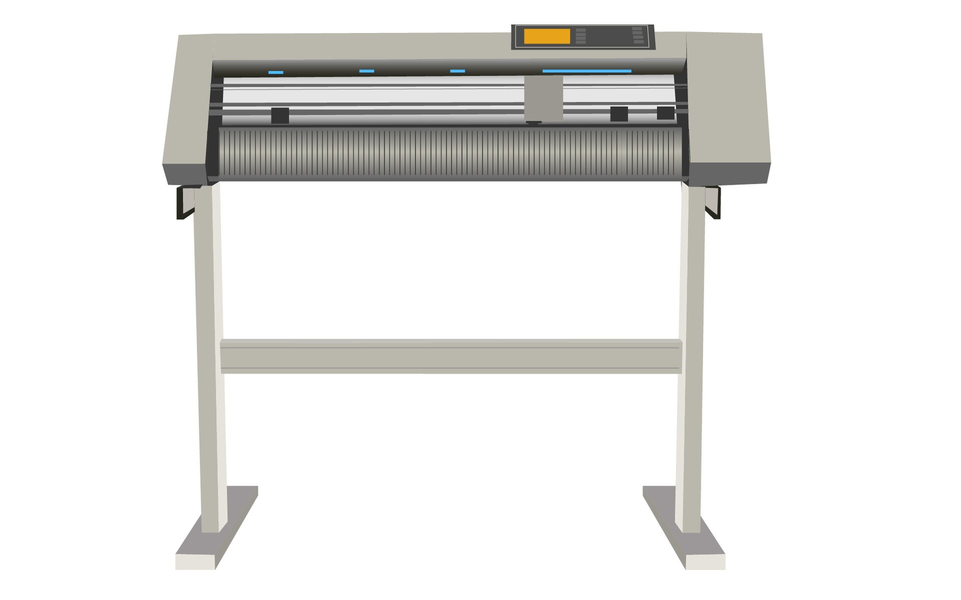 Grafika przedstawia przykładowy ploter drukujący. W górnej części widoczna jest szara obudowa wraz z wałkiem drukującym i panelem sterującym po prawej stronie. Całość urządzenia stoi na dwóch T‑kształtnych noga, pomiędzy którymi biegnie poprzeczka.