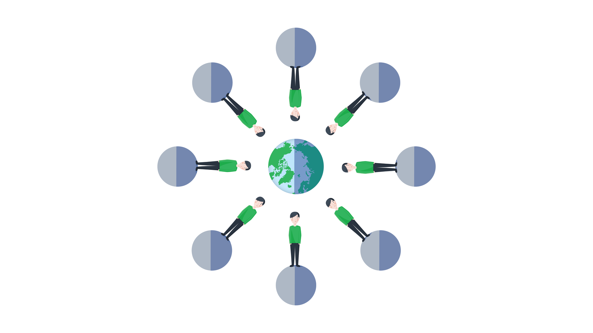 W centralnej części rysunku znajduje się kula ziemska. Wokół niej zaznaczonych jest osiem pozycji księżyca ułożonych w równych odległościach od siebie, zaczynając od położonego równo nad Ziemią. Ziemia i Księżyc symbolicznie oznaczone są za pomocą kół, których prawa połowa jest zaciemniona. Na Księżycu stoi człowiek, zawsze w tym samym miejscu na Księżycu, niezależnie od jego położenia względem Ziemi. Głowa człowieka skierowana jest zawsze prostopadle w kierunku Ziemi.