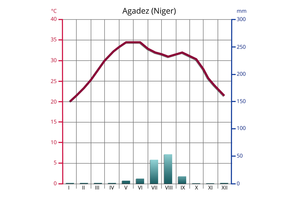 Na wykresie przestawiono średnie temperatury i sumę opadów w poszczególnych miesiącach w Agadezie w Nigrze. Najniższa temperatura jest w styczniu i grudniu - około 20 stopni Celsjusza; najwyższa - w maju i czerwcu - prawie 35 stopni Celsjusza. Opady występują od maja października, maksimum osiągają w sierpniu - ponad 50 milimetrów.