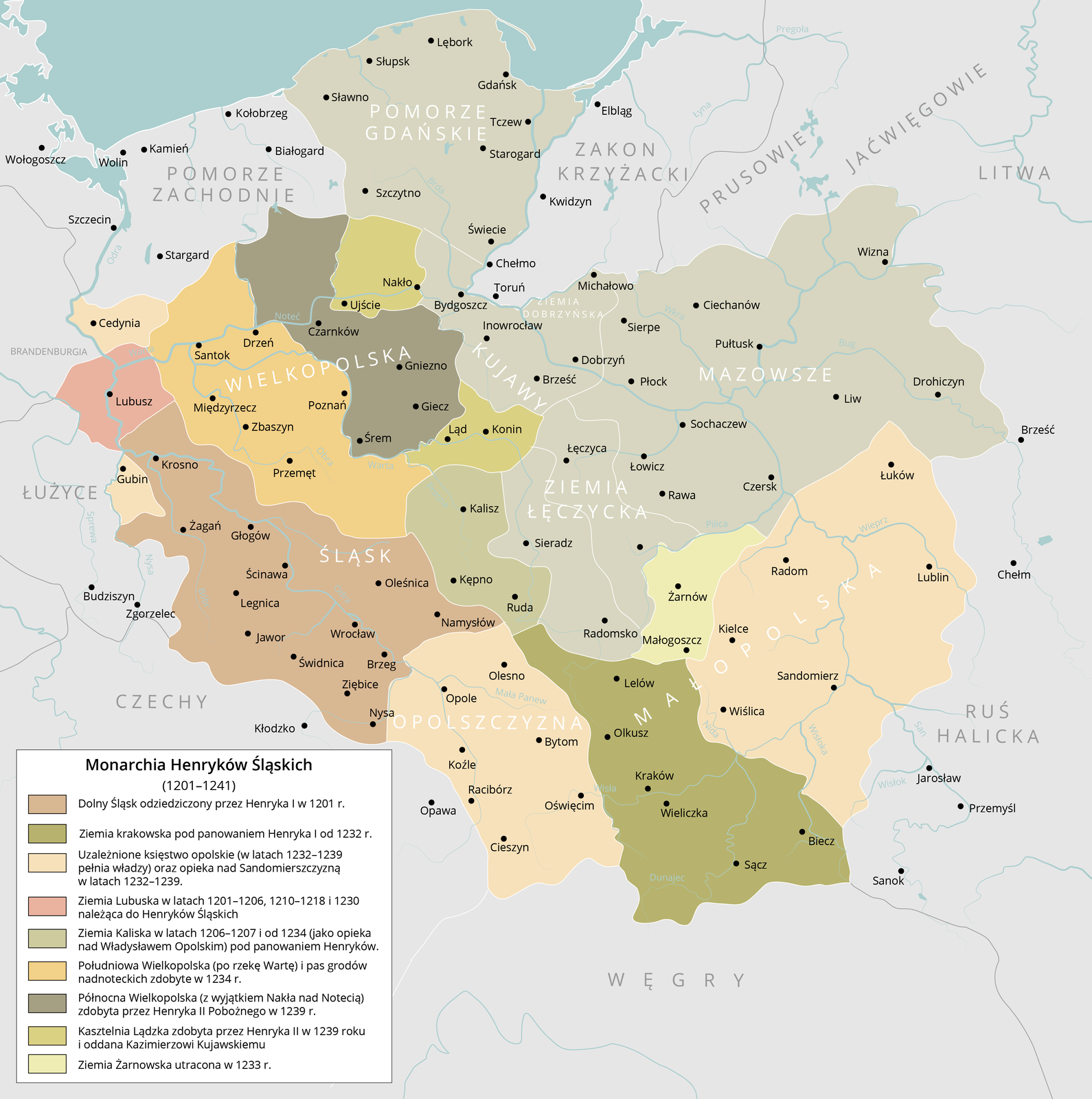 Mapa Polski przedstawia Monarchię Henryków Śląskich w latach 1201 – 1241.  Pomorze Gdańskie z miastami Sławno, Słupsk, Lębork, Gdańsk, Tczew, Szczytno, Świecie, Starogard, dalej Kujawy z miastami Bydgoszcz, Inowrocław, Brześć dalej ziemia Łęczycka z miastami Łęczyca, Łowicz, Sieradz, Radomsko, Rawa, dalej Mazowsze z miastami Pułtusk, Liw, Ciechanów, Wizna, Drohiczyn.  Wielkopolska została podzielona na trzy ziemie. Południowa część Wielkopolski z miastami Santok, Zbąszyń, Poznań  po rzekę Wartę i pas grodów nadnoteckich zostały zdobyte w 1234 roku. Są to miasta Santok, Międzyrzecz, Zbąszyń, Przemęt, Poznań, Drzeń. Północna Wielkopolska z wyjątkiem Nakła nad Notecią, zdobyta została przez Henryka Drugiego Pobożnego w 1239 roku. Są to ziemie z miastami Gniezno, Śrem, Czarnków i Giecz. Kasztelania lądzka zdobyta została przez Henryka Drugiego Pobożnego w 1239 roku i oddana Kazimierzowi Kujawskiemu. Są to ziemie z miastami Nakło, Ujście, Ląd i Konin.  Dolny Śląsk odziedziczony przez Henryka Pierwszego w 1201 roku obejmował miasta Krosno, Żagań, Głogów, Ścinawa, Legnica, Jawor, Świdnica, Wrocław, Brzeg, Nysa, Namysłów, Oleśnica. Ziemia krakowska pod panowaniem Henryka Pierwszego od 1232 roku obejmowała tereny z miastami:  Lelów, Olkusz, Kraków, Wieliczka, Sącz, Biecz.  Uzależnione Księstwo opolskie oraz opieka nad Sandomierszczyzną w latach 1232 – 1239, kiedy trwała pełnia władzy, obejmowały ziemie opolszczyzny z miastami Olesno, Opole, Bytom, Koźle, Cieszyn, Oświęcim, Racibórz oraz ziemie Małopolski z miastami Wiślica, Sandomierz, Radom, Kielce, Lublin, Łuków.  Ziemia Lubuska z miastem Lubusz w latach 1201 – 1206,1210 – 1208 naście i 1230 należała do Henryków Śląskich. Ziemia Kaliska z miastami Kalisz, Kępno, Ruda W latach 1206 – 1207 i od 1234 jako opieka nad Władysławem Opolskim znajdowały się pod panowaniem Henryków.  Ziemia Żarnowska utracona w 1233 roku, to ziemia pomiędzy Małopolską a ziemia Łęczycką z miastami Żarnów, Małogoszcz.