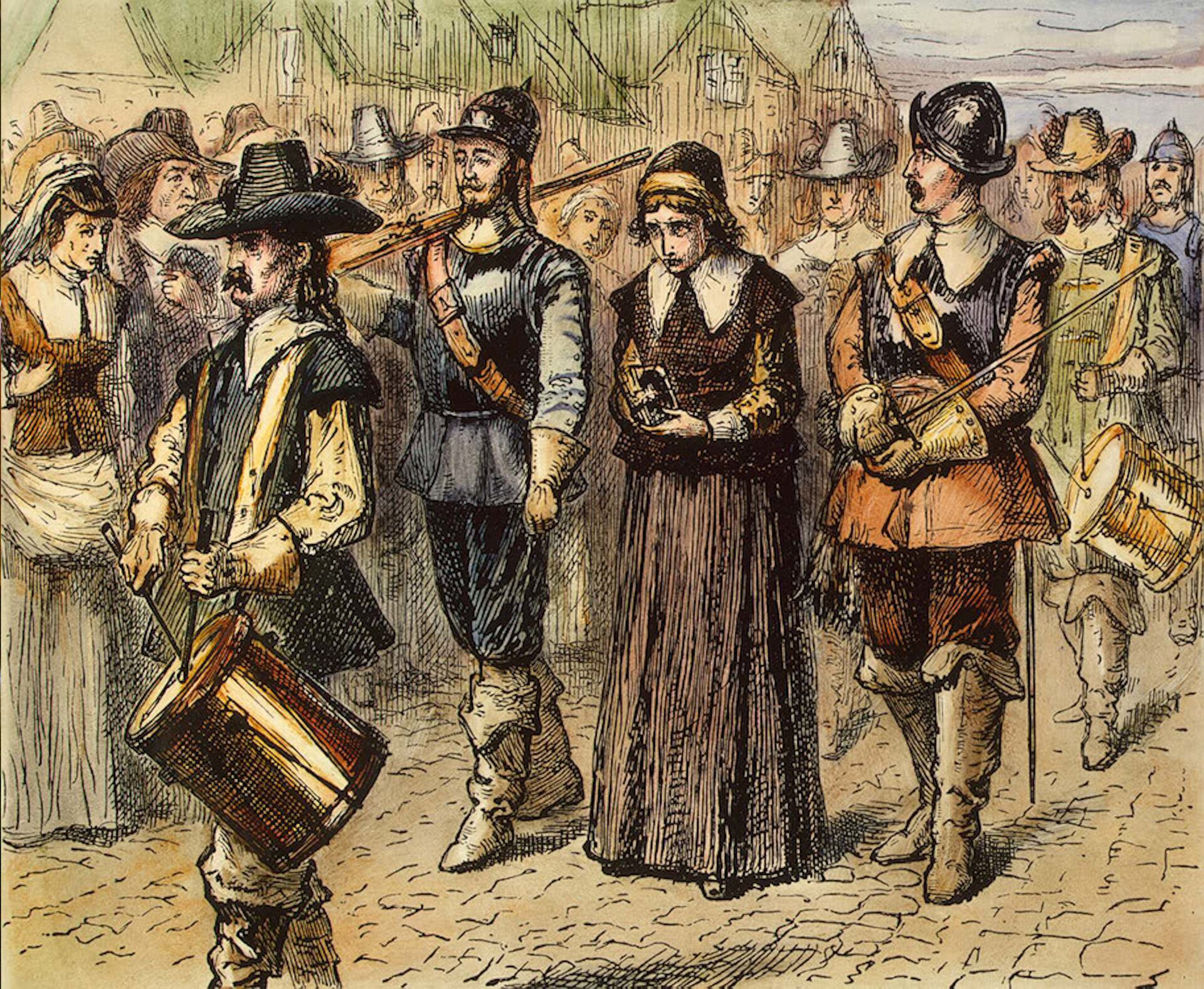 Ilustracja przedstawia kobietę ze skuloną głową, która idzie przez miasto w asyście żołnierzy. Przed nią i za nią idą mężczyźni, którzy grają na bębnach. Po lewej stronie jest zgromadzony tłum ludzi.