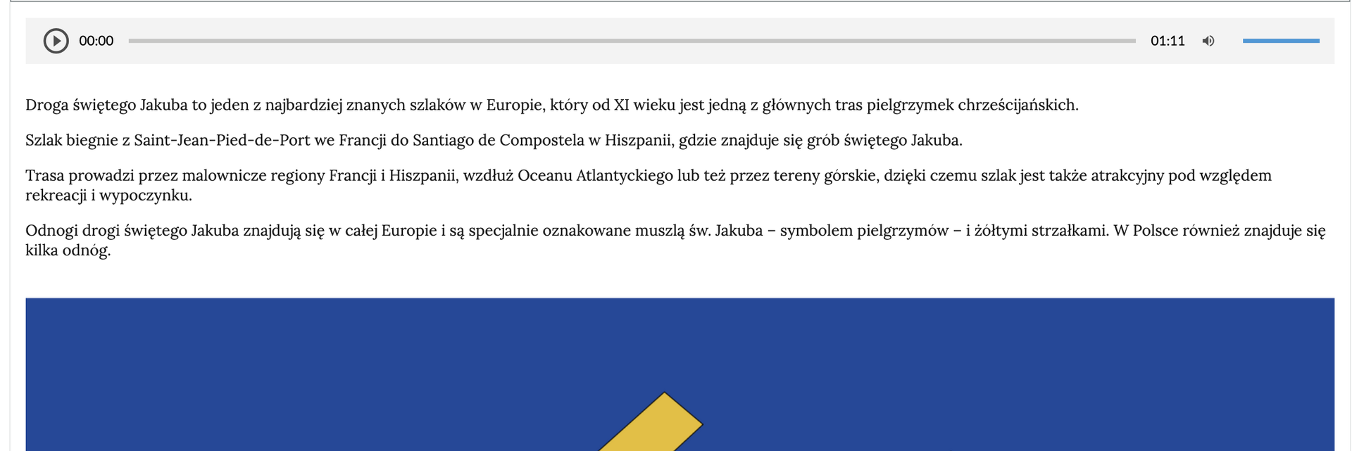 Przykładowy rozdział z nagraniem lektorskim. Na górze pasek z nagraniem, pod spodem treść rozdziału oraz fragment zdjęcia - widoczne niebieskie tło.