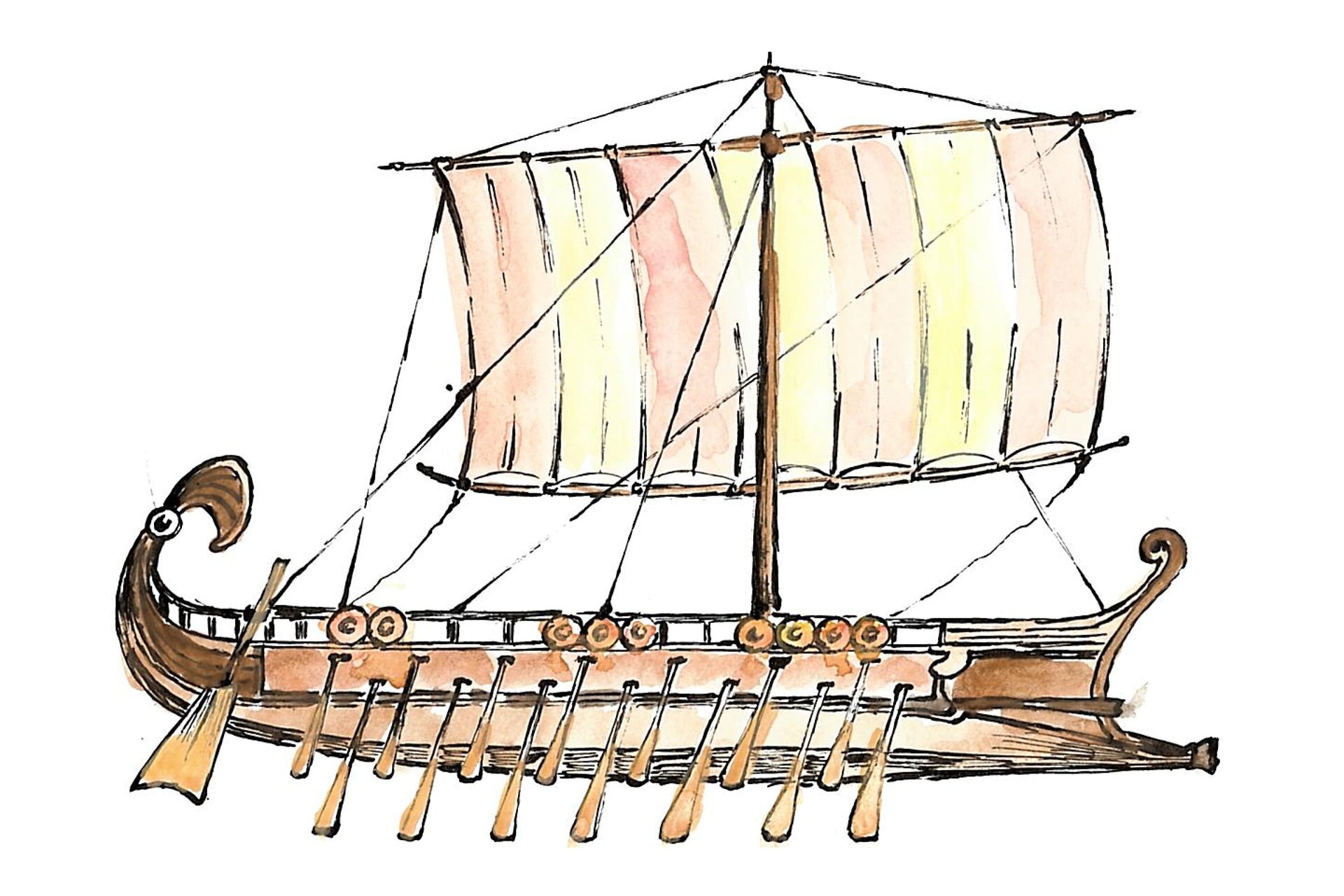 Rysunek greckiego okrętu z prostokątnym żaglem.