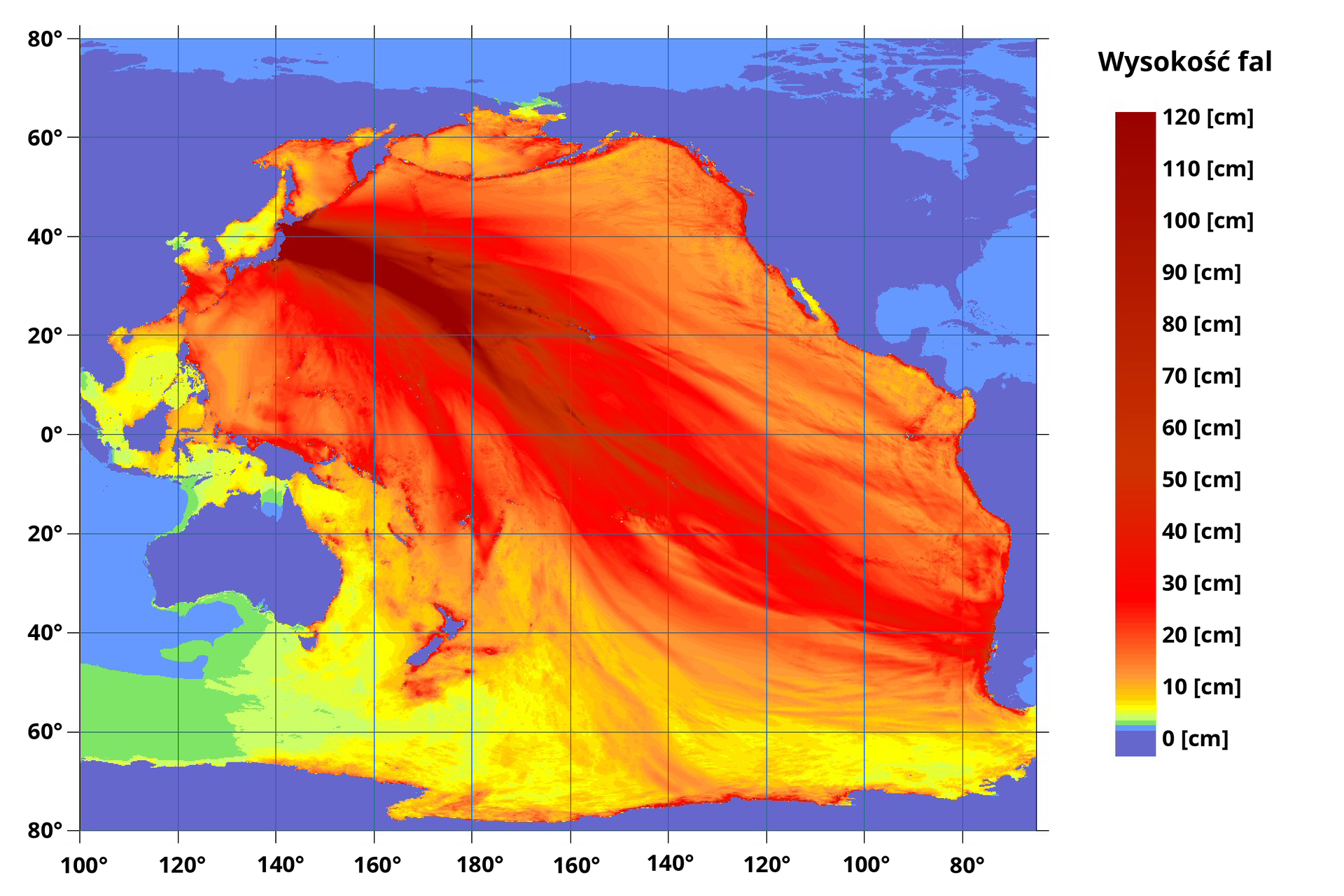 Grafika przedstawia wysokość fal tsunami. Fale dochodzące do 120 centymetrów wystąpiły na wschodnim wybrzeżu Azji i rozciągały się do środka Oceanu Spokojnego. Im dalej, tym niższe fale. Pas fal o wysokości około 30 centymetrów rozciągał się od wschodniego wybrzeża Azji aż do Ameryki Południowej. Fale dochodzące do 10 centymetrów odnotowano w okolicach Antarktydy, pomiędzy Australią i południową Ameryką Południową, pomiędzy wyspami Indonezji i Malezji.