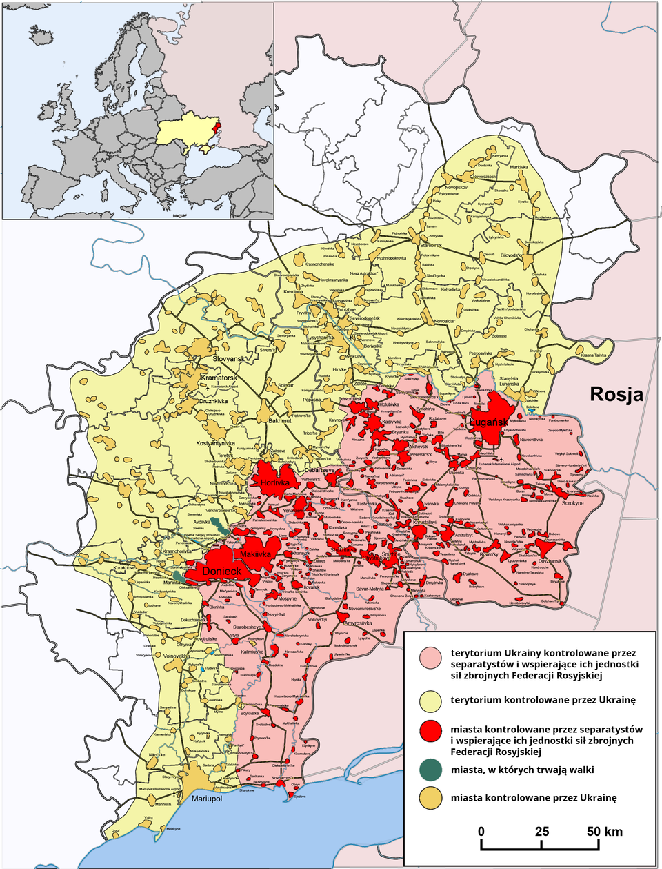 Na mapie strefa konfliktu zbrojnego we wschodniej Ukrainie - wrzesień 2014 rok. Terytorium Ukrainy kontrolowanych przez separatystów i wspierające ich jednostki sił Zbrojnych Federacji Rosyjskiej znajdują się na wschodzie Ukrainy, wzdłuż miast Donieck, Horlivka, Ługańsk. Terytorium kontrolowanym przez Ukrainę znajduje się w zachodniej części Ukrainy. Miasta kontrolowane przez separatystów i wspierające ich jednostki sił Zbrojnych Federacji Rosyjskiej to: Donieck, Makiivka, Horlivka, Ługańsk i wiele mniejszych miasteczek i wsi znajdujących się wokół wymienionych miast. Miasta w których trwają walki, to Marinka pod Donieckiem, Avdiivka pod Makiivka. Miasta kontrolowane przez Ukrainę to Mariupol, 