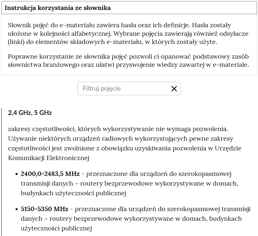 Ilustracja przedstawia przykładowy widok górnej części słownika. Na górze znajduje się otwarta zakładka instrukcji korzystania ze słownika. Pod nazwą zakładki znajduje się prostokątny panel filtruj pojęcie i znak iks. Poniżej znajduje się hasło wraz z definicją.