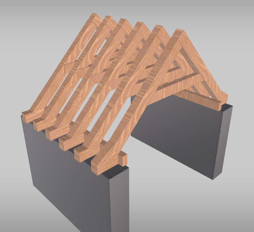 Grafika przedstawia więźbę jętkową. Widoczny jest model dachu z sześcioma parami krokwi, tworzących odwróconą literę V. W górnej części każdej pary krokwi biegnie pionowa belka. W dolnej części każdej krokwi, które opierają na dwóch prostopadłościennych szarych elementach obrazujących ściany, widoczne są krótkie, poziome belki – murłaty, od spodu połączone poziomymi belkami. 

Opisy obiektów prezentowanych na grafikach są załączone w treści słownika.