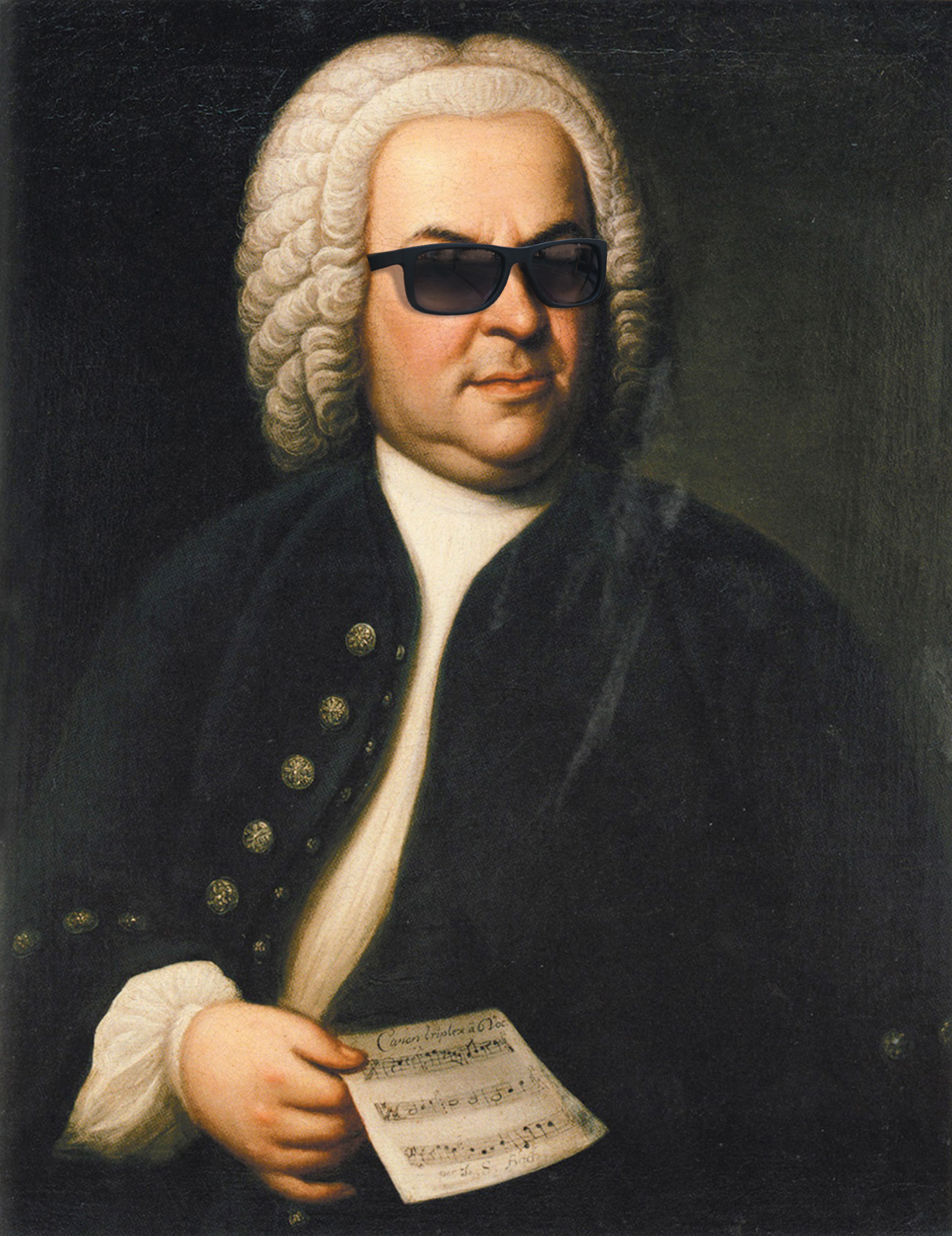 Obraz jest karykaturą. Na obrazie znajduje się mężczyzna ubrany w czarną kamizelkę z guzikami oraz białą koszulę. Mężczyzna w prawej dłoni trzyma kartkę z nutami. Na głowie mężczyzny znajduje się biała kręcona peruka oraz czarne przeciwsłoneczne okulary. Tło obrazu jest czarne.