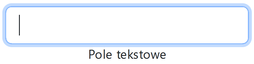 Ilustracja przedstawia wygląd pola tekstowego. Jest to prostokątna ramka bez wypełnienia, która ma zaokrąglone rogi, Wewnątrz ramki widoczne jest puste pole, w które można wpisać tekst. Poniżej ramki znajduje się napis  Pole tekstowe.