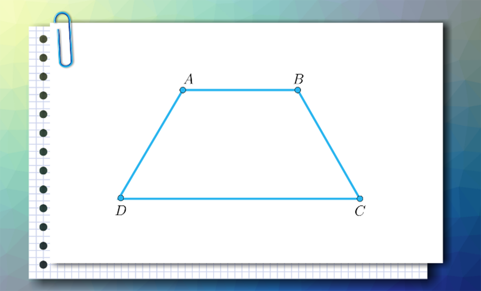 Slajd 1.  Rysunek przedstawia trapez ABCD, którego, krótszą podstawą jest bok A B, a dłuższą C D.  Treść: Rozważymy przedstawiony na ilustracji dowolny trapez ABCD. Slajd 2.   Rysunek przedstawia trapez ABCD, którego, krótszą podstawą jest bok A B, a dłuższą C D.  Przez wierzchołek A przechodzi prosta k, a przez wierzchołek D prosta l tak, że obie proste przecinają się w punkcie O wewnątrz trapezu. Treść: Następnie poprowadźmy prostą k przechodzącą przez punkt A i prostą l przechodzącą przez punkt D , tak by k i l przecięły się w punkcie O wewnątrz trapezu. Slajd 3. Rysunek pozostaje bez zmian. Treść : Udowodnimy następujące twierdzenie: Proste k i l są dwusiecznymi kątów, odpowiednio, DAB i ADC wtedy i tylko wtedy, gdy punkt O jest równoodległy od odcinków DC, AB i AD. Slajd 4. Rysunek przedstawia trapez ABCD, którego, krótszą podstawą jest bok A B, a dłuższą C D.  Przez wierzchołek A przechodzi prosta k, a przez wierzchołek D prosta l tak, że obie proste przecinają się w punkcie O wewnątrz trapezu. Na boku  A D zaznaczono punkt F taki, że odcinek O F jest prostopadły do tego boku, na boku A B zaznaczono punkt G taki, że odcinek  O G jest prostopadły do tego boku, na boku D C zaznaczono punkt E taki, że odcinek O E jest prostopadły do tego boku.  Proste k i l sa dwusiecznymi kątów odpowiednio  D A B oraz A D C. Miara kąta F D O wynosi beta, a miara kąta F A O wynosi alfa. Treść: Załóżmy najpierw, że proste k i l są dwusiecznymi kątów DAB i ADC. Zaznaczono odcinek OG, prostopadły do podstawy AB, odcinek OF prostopadły do ramienia AD, oraz odcinek OE prostopadły do podstawy CD. Chcemy pokazać, że długości odcinków EO, FO i GO są równe. Slajd 5. Rysunek jak na slajdzie numer 4, z zaznaczonym dodatkowo na zielono trójkątem D OF oraz na pomarańczowo trójkątem D E O. Treść: Zauważmy, że trójkąty EOD i FOD są przystające, cecha bok, kąt, bok. Slajd 6. Rysunek jak w poprzednim slajdzie z zaznaczonymi na czerwono odcinkami F O i O E. Treść:  Z własności tej wynika, że długość odcinka FO jest równa długości odcinka EO. Slajd 7. Rysunek przedstawia trapez ABCD, którego, krótszą podstawą jest bok A B, a dłuższą C D.  Przez wierzchołek A przechodzi prosta k, a przez wierzchołek D prosta l tak, że obie proste przecinają się w punkcie O wewnątrz trapezu. Na boku  A D zaznaczono punkt F taki, że odcinek O F jest prostopadły do tego boku, na boku A B zaznaczono punkt G taki, że odcinek  O G jest prostopadły do tego boku, na boku D C zaznaczono punkt E taki, że odcinek O E jest prostopadły do tego boku.  Proste k i l są dwusiecznymi kątów odpowiednio  D A B oraz A D C. Miara kąta F D O wynosi beta, a miara kąta F A O wynosi alfa. Odcinki F O oraz O G sa zaznaczone na czerwono.  Treść: Analogicznie, trójkąty GOA i FOA są przystające. Stąd długość odcinka GO jest równa długości odcinka FO. Slajd 8. Rysunek przedstawia trapez ABCD, którego, krótszą podstawą jest bok A B, a dłuższą C D.  Przez wierzchołek A przechodzi prosta k, a przez wierzchołek D prosta l tak, że obie proste przecinają się w punkcie O wewnątrz trapezu. Na boku  A D zaznaczono punkt F taki, że odcinek O F jest prostopadły do tego boku, na boku A B zaznaczono punkt G taki, że odcinek  O G jest prostopadły do tego boku, na boku D C zaznaczono punkt E taki, że odcinek O E jest prostopadły do tego boku. Odcinki F O, O G oraz E O mają długość x. Treść: Załóżmy teraz, że punkt O jest równoodległy od odcinków DC, AB i AD. Oznacza to, że długości odcinków EO, FO i GO  są równe. Oznaczono je literą x. Pokażemy, że proste k i l są dwusiecznymi odpowiednich kątów. Slajd 9. Rysunek przedstawia trapez ABCD, którego, krótszą podstawą jest bok A B, a dłuższą C D.  Przez wierzchołek A przechodzi prosta k, a przez wierzchołek D prosta l tak, że obie proste przecinają się w punkcie O wewnątrz trapezu. Na boku  A D zaznaczono punkt F taki, że odcinek O F jest prostopadły do tego boku, na boku A B zaznaczono punkt G taki, że odcinek  O G jest prostopadły do tego boku, na boku D C zaznaczono punkt E taki, że odcinek O E jest prostopadły do tego boku.  Odcinki F O, O G oraz E O mają długość x. Odcinek D O ma długość y. Zatem długość odcinka F D oraz D E jest równa y2-x2 . Treść: Zauważmy, że trójkąty EOD i FOD są przystające, cecha bok, bok, bok. Stąd, długości odcinków DE, oraz EO wynoszą y2-x2. Slajd 10. Rysunek bez zmian z dodatkowym komentarzem, że prosta l jest dwusieczną kąta A D C. Treść: Z własności tej wynika, że miara kąta EDO jest taka sama jak miara kąta ODF. Tym samym prosta l jest dwusieczną kąta ADC. Slajd 11. Rysunek przedstawia trapez ABCD, którego, krótszą podstawą jest bok A B, a dłuższą C D.  Przez wierzchołek A przechodzi prosta k, a przez wierzchołek D prosta l tak, że obie proste przecinają się w punkcie O wewnątrz trapezu. Na boku  A D zaznaczono punkt F taki, że odcinek O F jest prostopadły do tego boku, na boku A B zaznaczono punkt G taki, że odcinek  O G jest prostopadły do tego boku, na boku D C zaznaczono punkt E taki, że odcinek O E jest prostopadły do tego boku.  Proste k i l są dwusiecznymi kątów odpowiednio D A B oraz A D C. Miary kątów F A O  oraz G A O wynoszą po alfa. Odcinki F O oraz O G mają długość x. Wynika stąd, że k jest dwusieczną kąta D  A B. Treść: Analogicznie, trójkąty GOA i FOA są przystające. Stąd miara kąta OAF jest taka sama jak miara kąta OAG i oznaczono je alfa.