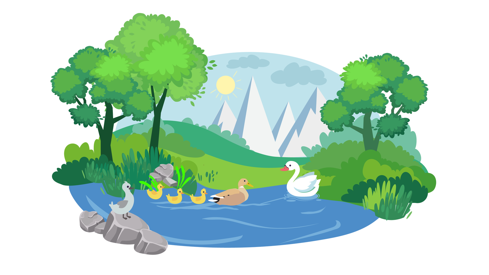 Ilustracja przedstawia krajobraz górski. W tle widać wysokie góry oraz błękitne niebo ze słońcem i chmurami. Na drugim planie znajduje się zielona polana, na której rosną krzewy i kilka drzew liściastych. Na pierwszym planie jest zbiornik wodny, po którym płynie brązowa kaczka. Za nią płyną trzy żółte kaczątka. Na prawo od kaczki pływa biały łabędź. Na brzegu, po lewej stronie ilustracji, leżą trzy szare kamienie. Na jednym z nich stoi mały szary łabędź.