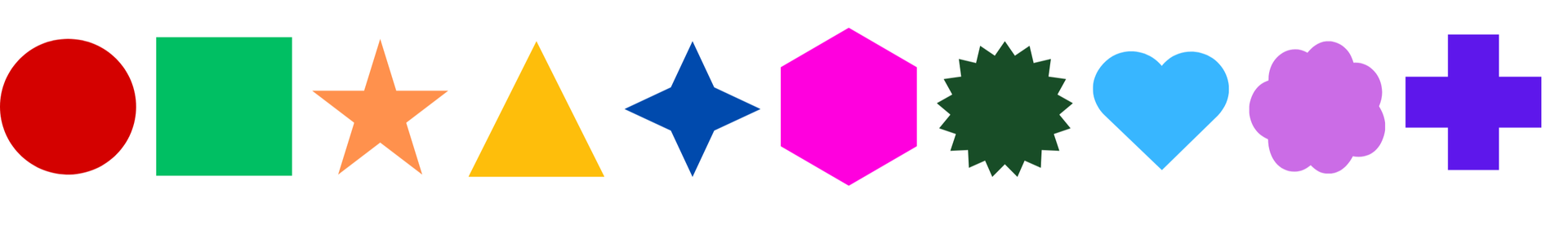 Na grafice widoczne są symbole: 1. czerwony okrąg, 2. zielony kwadrat, 3. pomarańczowa pięcioramienna gwiazda, 4. żółty trójkąt, 5. ciemnoniesbieska czteroramienna gwiada, 6. różowy sześciokąt, 7. zielone ciasteczko, 8. niebieskie serce, 9. fioletowy kwiatek, 10. niebieski kżyżyk. 