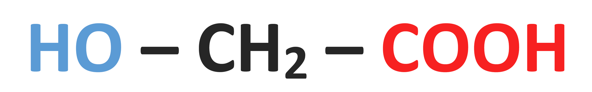 Na ilustracji jest wzór kwasu hydroksyetanowego: grupa HO łączy się po prawej stronie wiązaniem pojedynczym z grupą metylenową, która łączy się po prawej stronie wiązaniem pojedynczym z grupą COOH.
