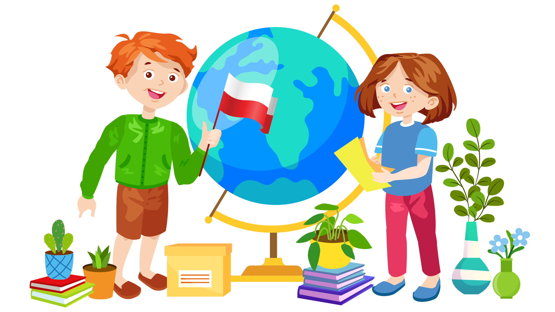 Ilustracja przedstawia duży globus stojący na podłodze. Dookoła niego znajdują się różne przedmioty. Po lewej stronie stoi zielony kaktus w niebieskiej donicy na stosie dwóch książek, obok niewielka zielona roślina w pomarańczowej donicy, dalej jasnopomarańczowe pudełko z pokrywką, a obok leży stos trzech książek. Po prawej stronie są trzy gałązki z zielonymi listkami w wysokim wazonie w biało‑turkusowe pasy, a obok dwa niebieskie kwiatki w niewielkim zielonym wazonie. Po lewej stronie globusu stoi uśmiechnięty Franek. W uniesionej lewej dłoni trzyma biało‑czerwoną flagę Polski. Po prawej stronie globusu stoi uśmiechnięta Maja. W dłoniach trzyma dwie kartki – jedną żółtą, a drugą pomarańczową.