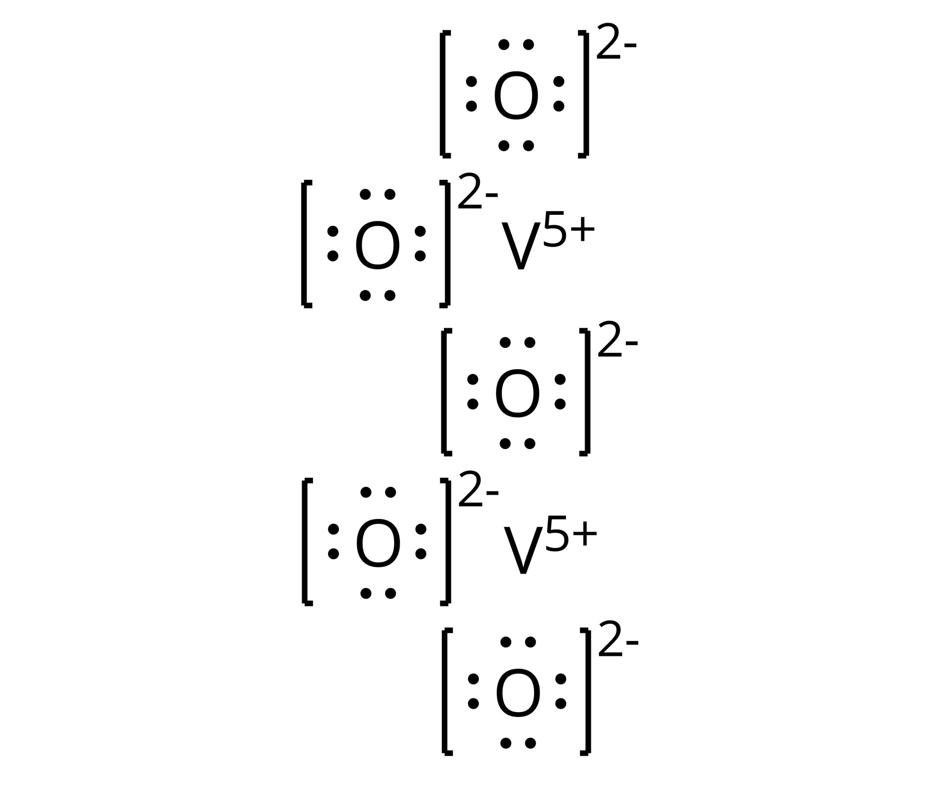 Ilustracja przedstawiająca wzór cząsteczki tlenku wanadu(<math aria‑label="pięć">V) o strukturze jonowej. Kation wanadu V5+ Otoczony jest przez trzy aniony tlenkowe pierwszy u góry, drugi po lewej stronie kationu i trzeci poniżej. Aniony przedstawiono jako symbol tlenu O otoczony czterema parami elektronowymi znajdujący się w nawiasie kwadratowym, względem którego w indeksie górnym znajduje się ładunek ujemny anionu dwa minus. Pod anionem znajdującym się u dołu względem wspomnianego kationu znajduje się drugi kation wanadu, który otoczony jest przez dwa dodatkowe aniony tlenkowe z lewej strony i poniżej.