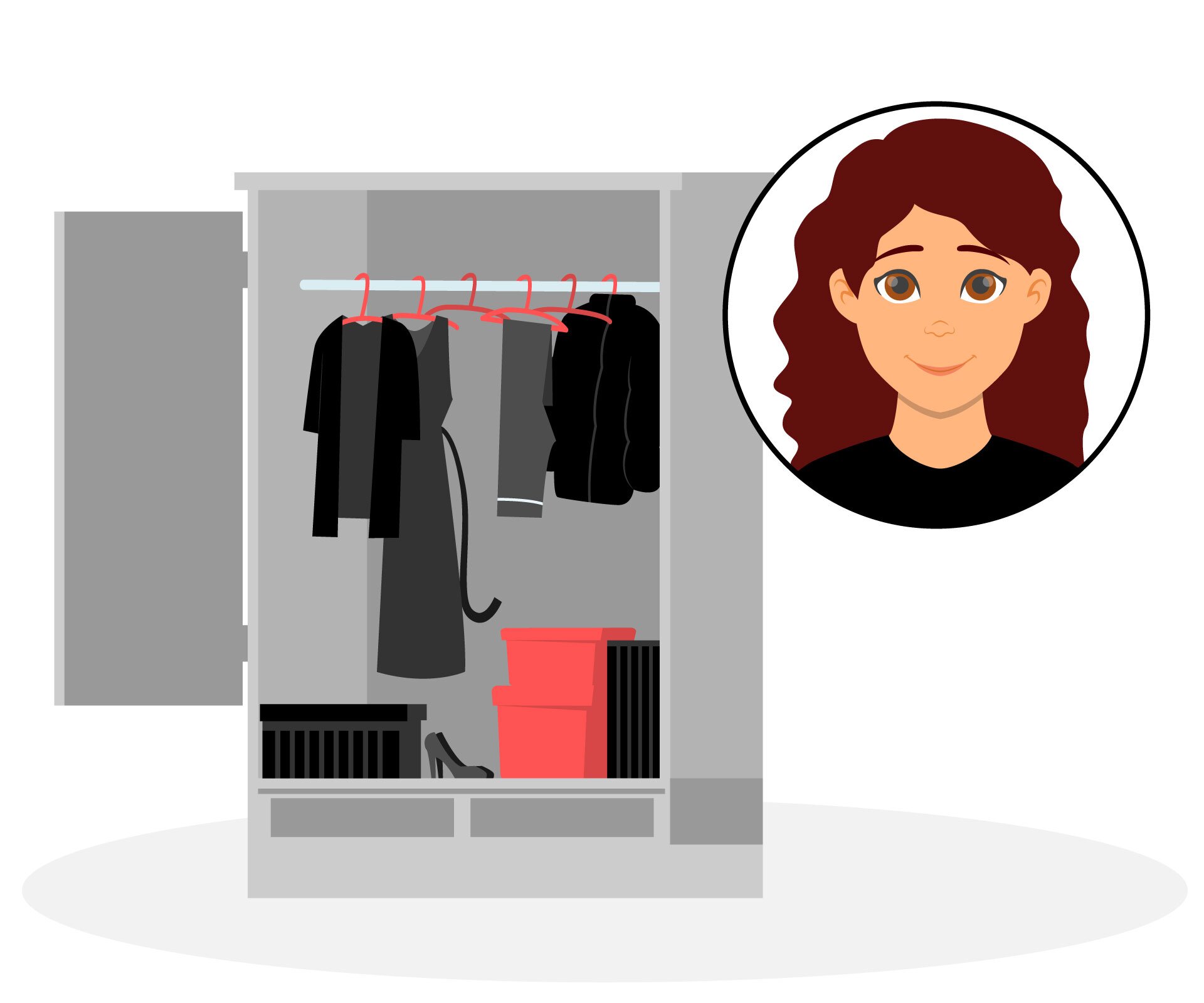 Ilustracja przedstawia otwartą szafą na ubrania. W środku widoczne są ubrania tylko w kolorze czarnym wiszące na wieszakach. Pudła i pudełka zajmują dolną część szafy. W tej części widoczna jest również para czarnych pantofli. Z boku widoczna twarz kobiety w kółku. 