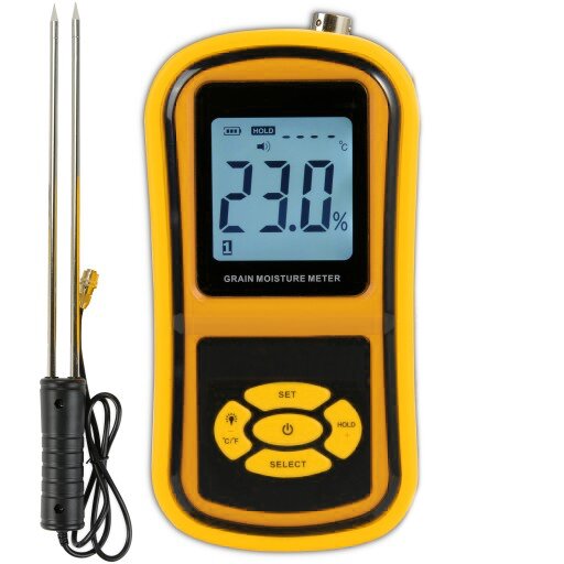 Grafika przedstawia poglądowo miernik do pomiaru wilgotności i temperatury całych ziaren.