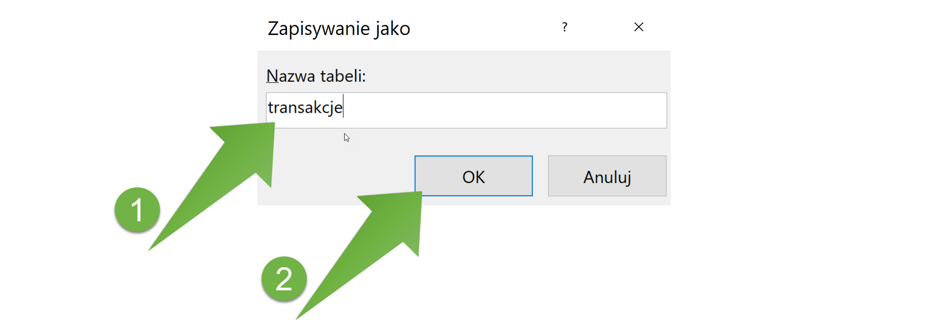 Ilustracja przedstawia okno "Zapisywanie jako". W oknie znajduje się napis: "Nazwa tabeli", a poniżej znajduje się pole do wpisywania. Tu wpisano "transakcje". Na pole wpisywania skierowana jest strzałka z numerem jeden. Pod polem są dwa przyciski: OK i Anuluj. OK jest zaznaczony i wskazuje na niego strzałka z numerem 2.