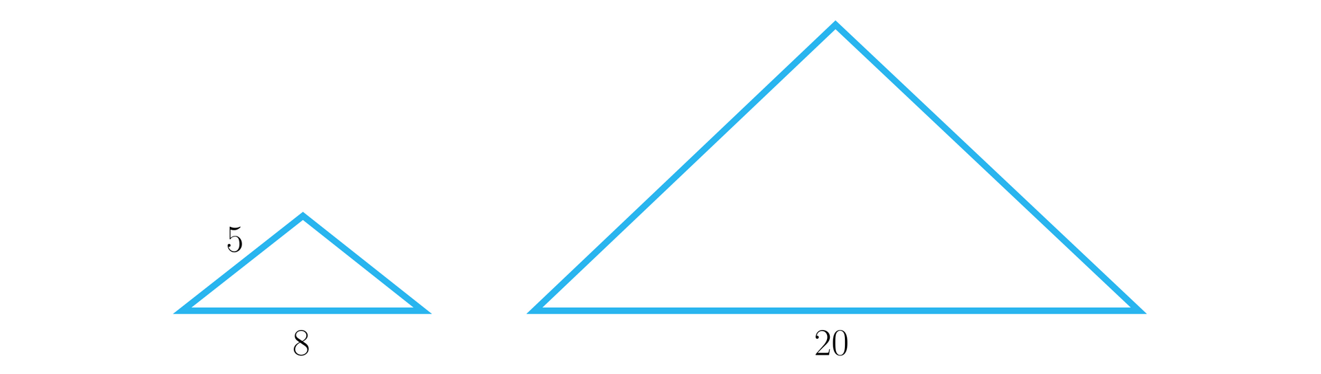 Ilustracja przedstawia dwa trójkąty podobne, które są równoramienne. Trójkąt po lewej stronie jest mniejszy, jego podstawa ma długość 8, a ramiona mają długość 5 każde. Trójkąt po prawej stronie ma podstawę o długości dwadzieścia.