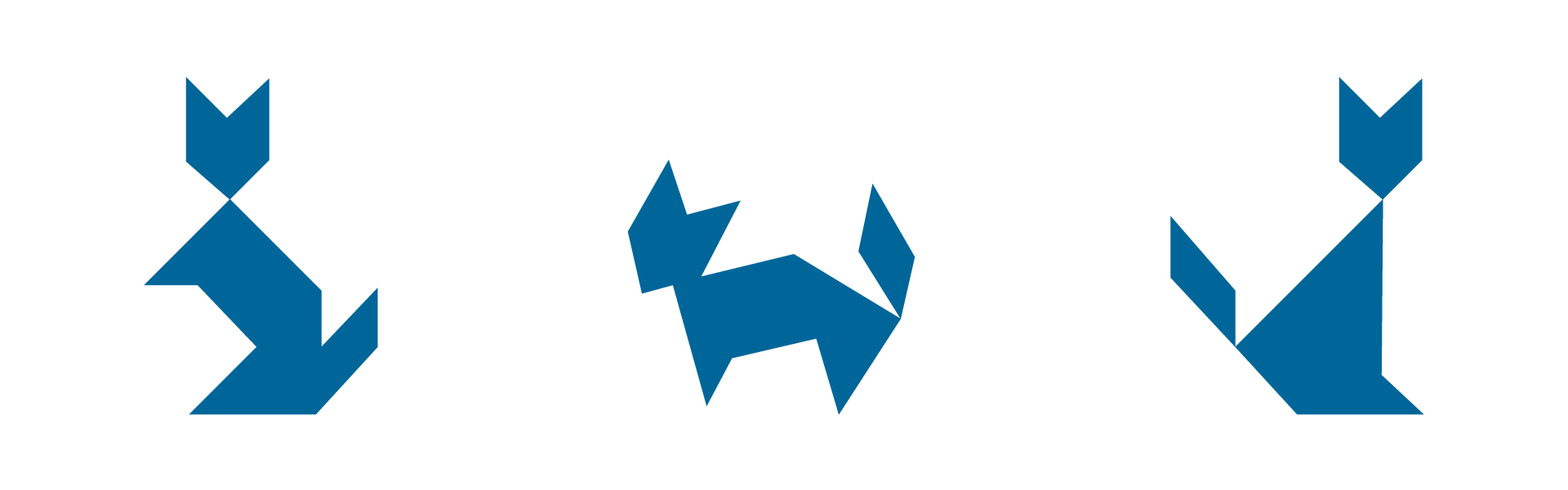 Rysunek przedstawia trzy figury kotów, złożone ze wszystkich tanów tangramu.