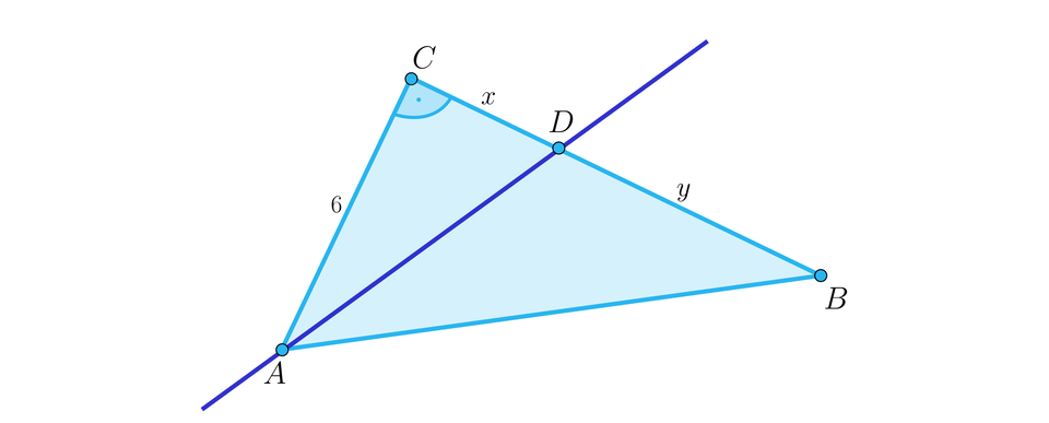Zdjęcie przedstawia trójkąt A, B, C. Z punktu A do punktu D, który znajduje się na boku BC poprowadzono prostą. Odcinek CD jest równy x, odcinek DB jest równy y. Przyprostokątna AC jest równa 6.