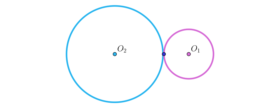Rysunek przedstawia dwa okręgi obok siebie. Lewy okrąg o środku w punkcie O dwa oraz prawy, mniejszy okrąg o punkcie w środku O jeden. Oba okręgi mają jeden zaznaczony punkt wspólny w miejscu, w którym się stykają.