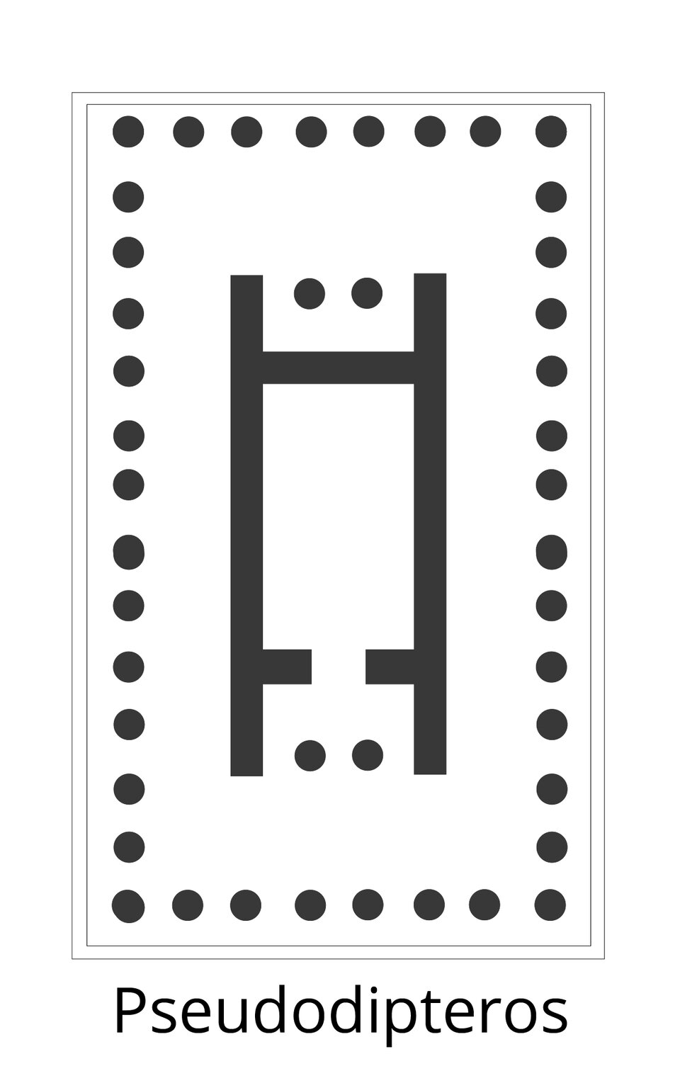 Czarno‑biała ilustracja przedstawia rzut świątyni typu Pseudodipteros. Na planie prostokąta rozmieszczony został rząd kolumnady, okalający budowlę. W centralnej części grubymi, szarymi liniami oznaczone są ściany świątyni ułożone w prostokąt z wydłużonymi w pionie dłuższymi bokami tak, że tworzą się niejako dwie wnęki (na górze i na dole). W każdej z nich znajduje się, odsunięta od budynku, para kolumn, a przy tej znajdującej się na dole planu jest wejście do świątyni.