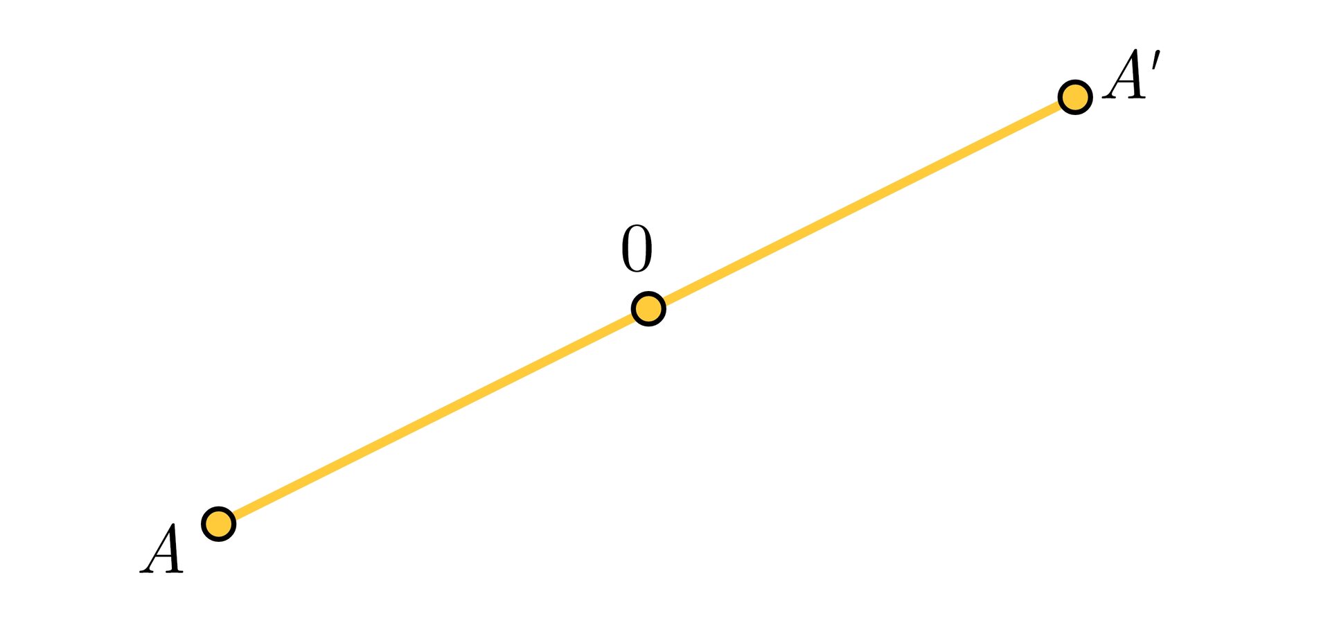 Na ilustracji przedstawiono ukośny odcinek AA'. Zaznaczono punkt O, stanowiący jego środek.