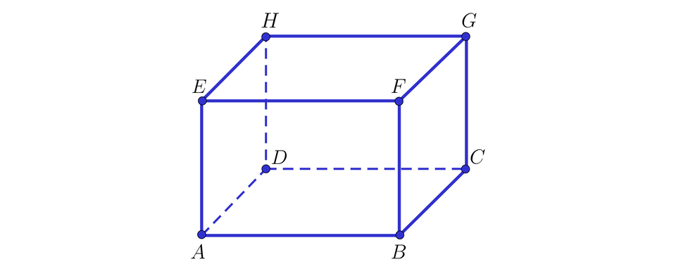 Ilustracja przedstawia prostopadłościan A B C D E F G H. Nad wierzchołkiem A znajduje się wierzchołek E, nad wierzchołkiem B wierzchołek F, nad wierzchołkiem C wierzchołek G i nad wierzchołkiem D wierzchołek H.