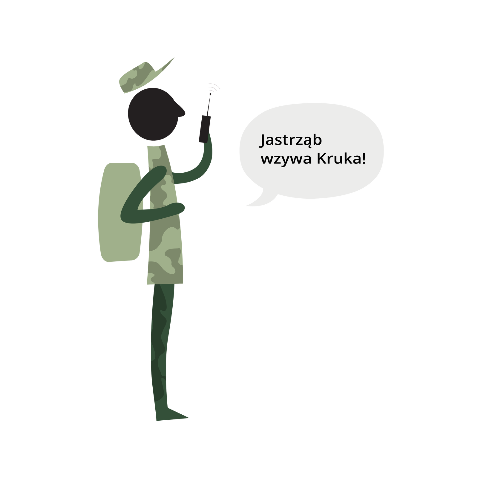 Kliknij, aby powiększyć. Grafika przedstawia sylwetkę człowieka stojącego bokiem. Ubrany jest w strój o maskujących kolorach (moro), na głowie ma czapkę z daszkiem, na plecach plecak. W dłoni trzyma krótkofalówkę. Tło jest jasne, jednolite. Obok znajduje się dymek z napisem: Jastrząb wzywa Kruka!