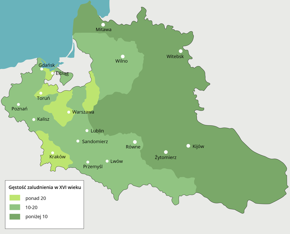 Ilustracja pokazuje mapę gęstością zaludnienia w 16 wieku. Tereny z gęstością zaludnienia od 10 do 20 to obszar z miastami: Gdańsk, Poznań, Kalisz, Lublin, Sandomierz, Lwów, Przemyśl, Równe, Wilno. Teren z gęstością zaludnienia na poziomie poniżej 10, to obszar z miastami: Mitawa, Witebsk, Żytomierz i Kijów. Teren z gęstością zaludnienia ponad 20 to obszar z miastami: Elbląg, Toruń, Warszawa i Kraków. 