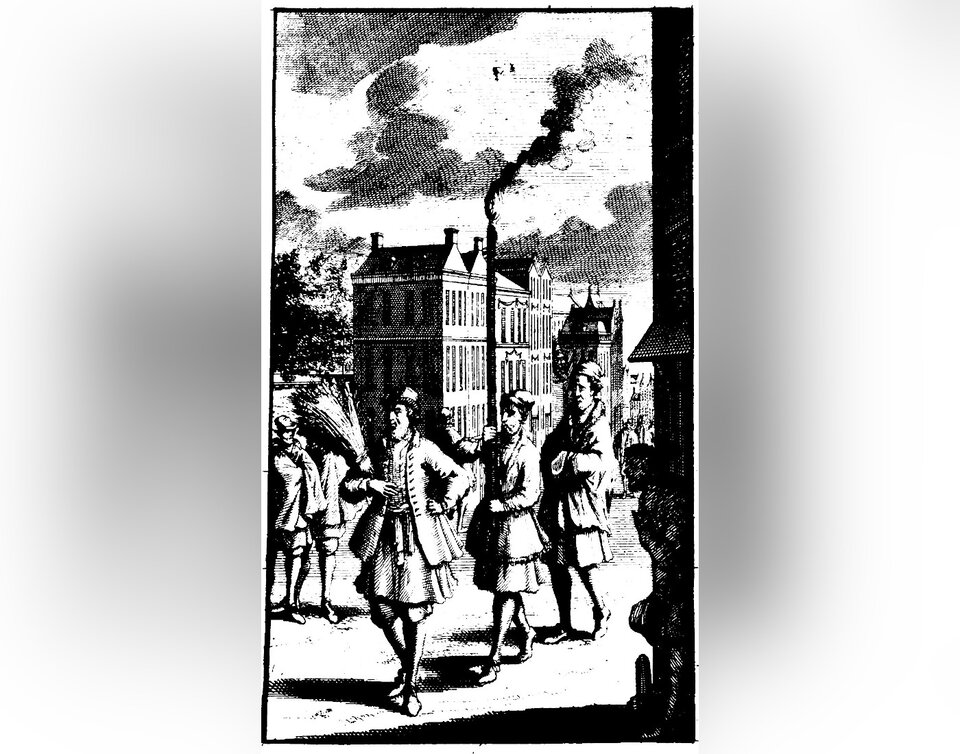 Rycina przedstawia ulicę miasta. Idzie nią trzech mężczyzn w dworskich strojach. Pierwszy z mężczyzn niesie pod prawą pachą snop pszenicy, drugi palącą się pochodnię, trzeci idzie za nimi.